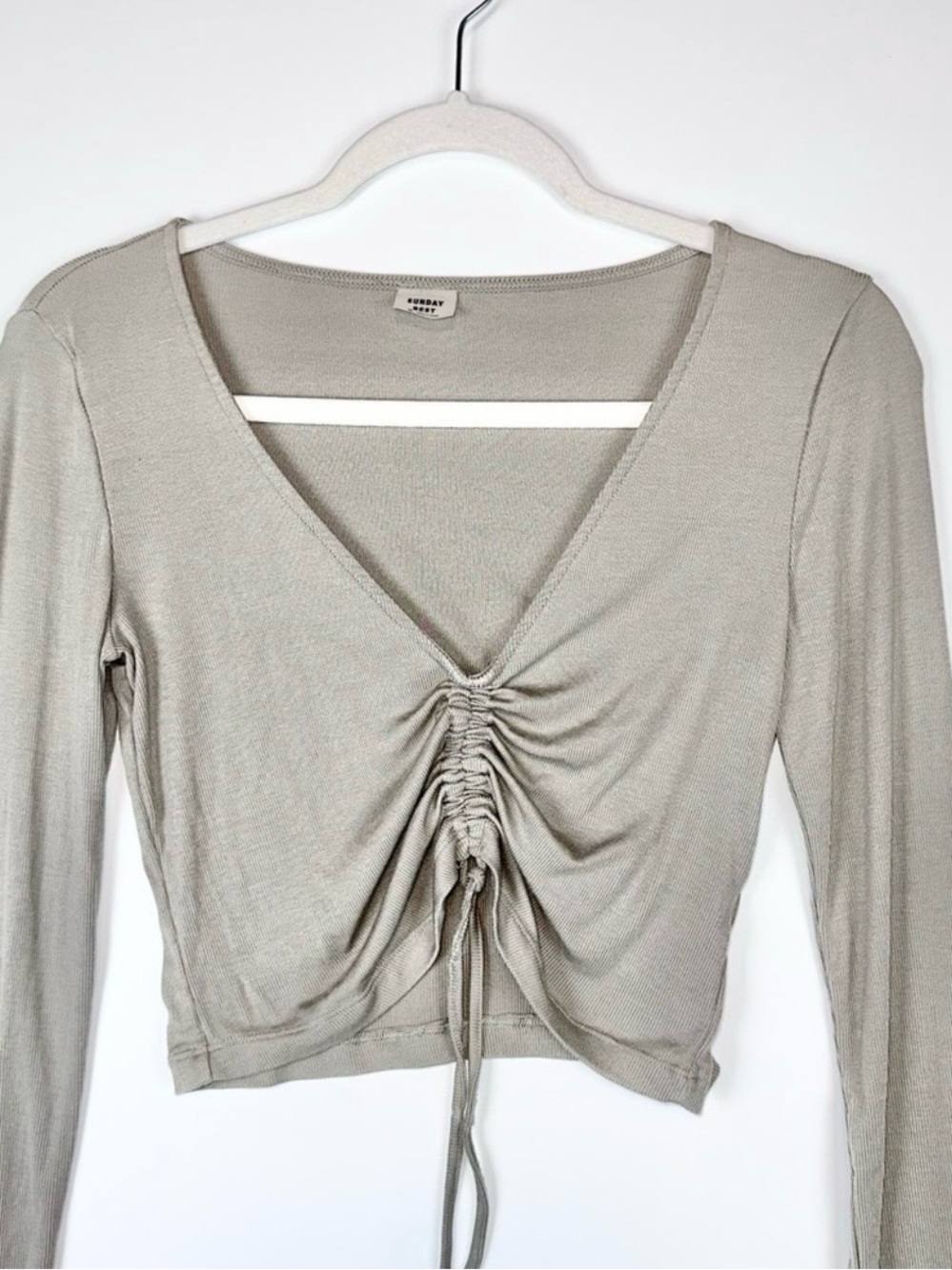 Aritzia Sunday Best Taupe Ruched V-Neck Long Sleeve Top